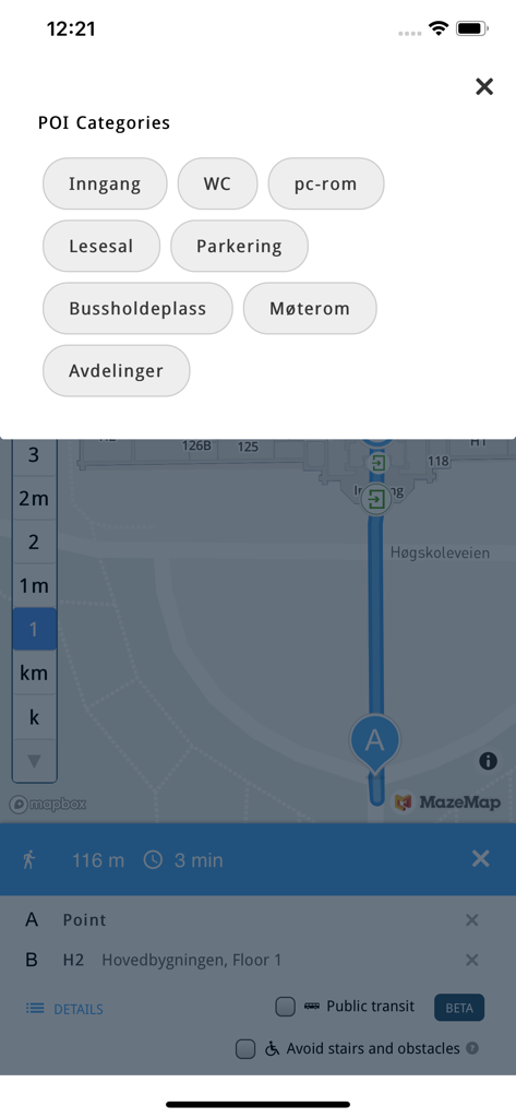 MazeMap - MazeMap mobile app interface with indoor map navigation and point of interest categories