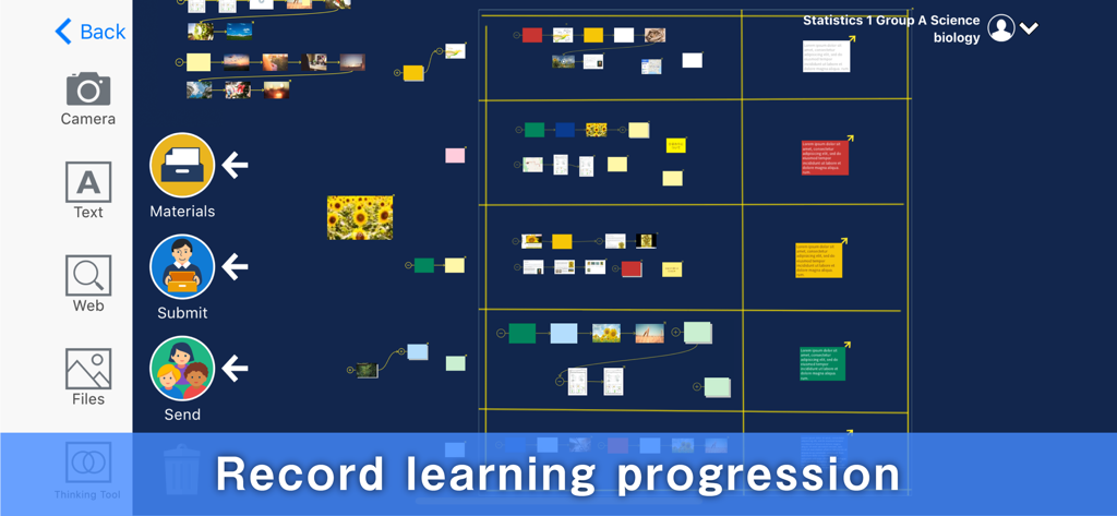 LoiLoNote School - LoiLoNote School app interface showing connected cards for recording student learning progression