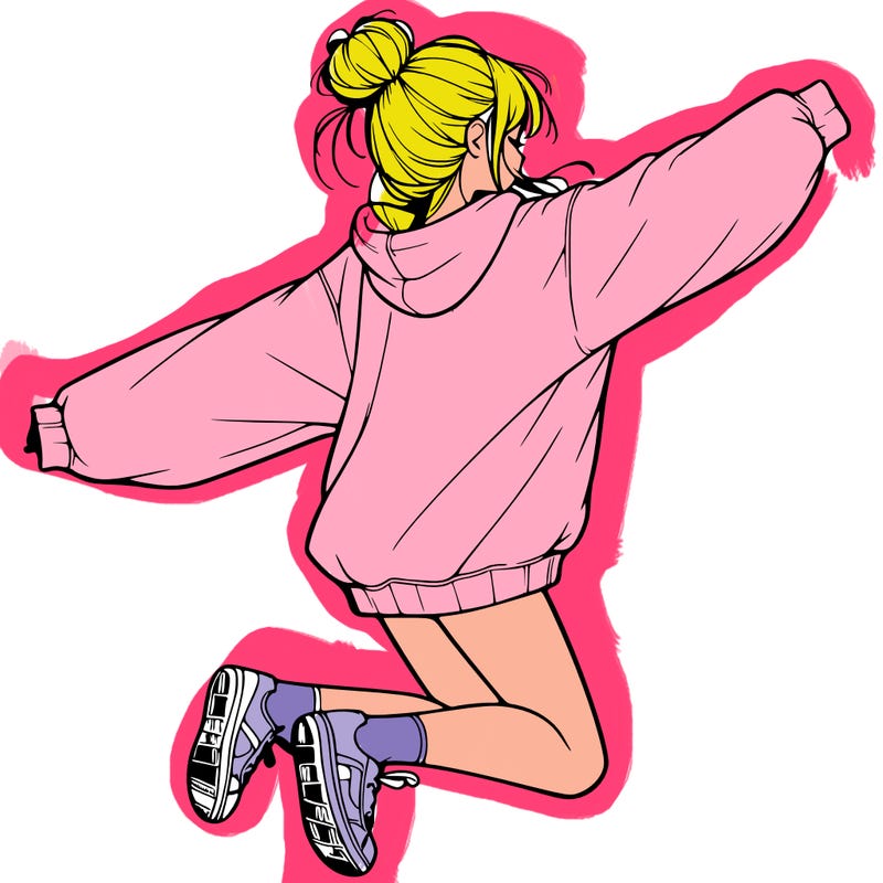 realistic girl jumping with a bun and oversized sweatshirt