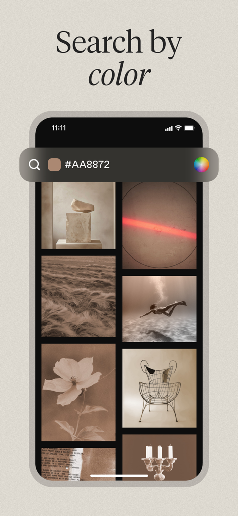 Cosmos: Search & Discover - Interface of Cosmos app displaying search by hex color with a curated visual grid