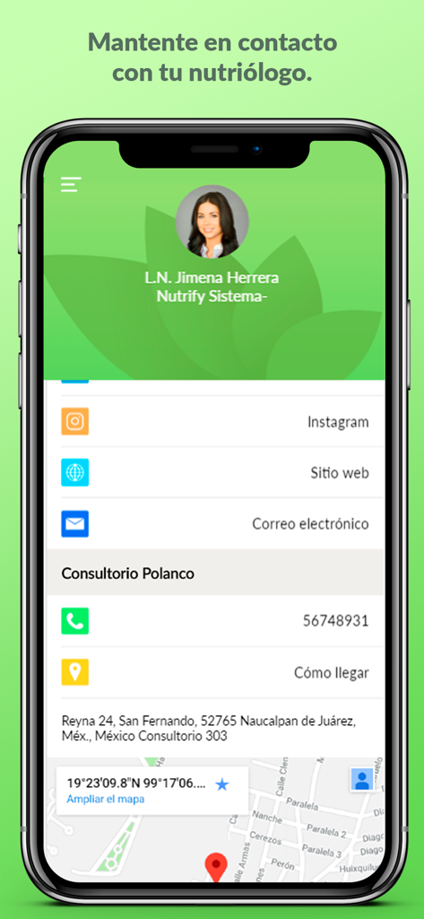 Nutrify - Nutrify app screen showing nutritionist profile and contact information