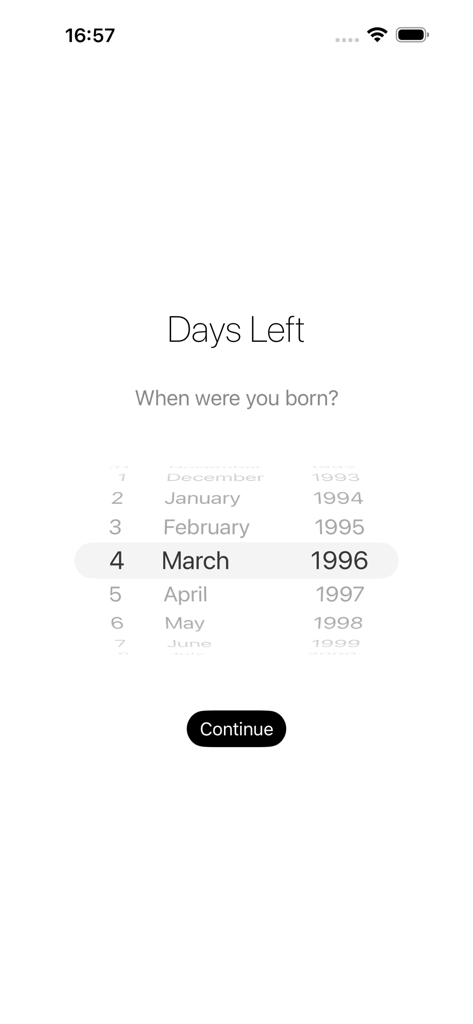 Pantalla de selección de fecha de nacimiento en el proceso de incorporación de la aplicación Cuenta Regresiva Días Restantes