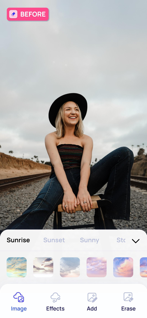 하늘 및 조명 조정 옵션을 보여주는 사진 편집 앱 화면