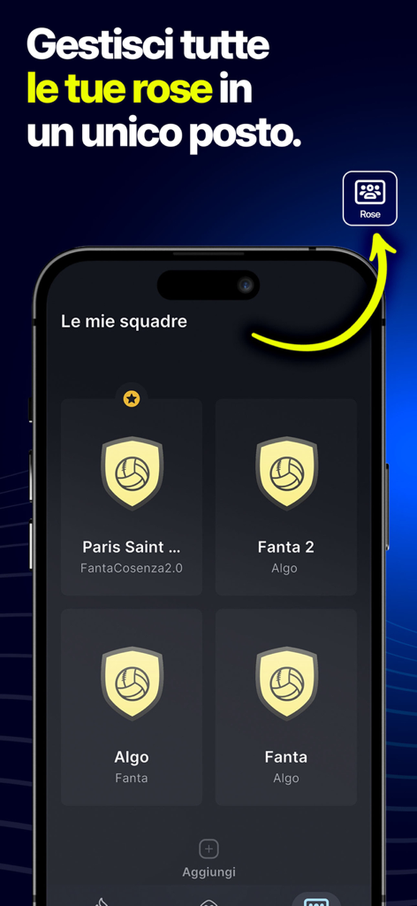 Algo Fantacalcio - Dashboard dell'app Algo Fantacalcio che mostra la gestione di più roster di fantacalcio in un unico posto.