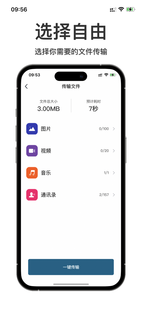 Mobile app interface showing options to select images, videos, music, and contacts for data transfer