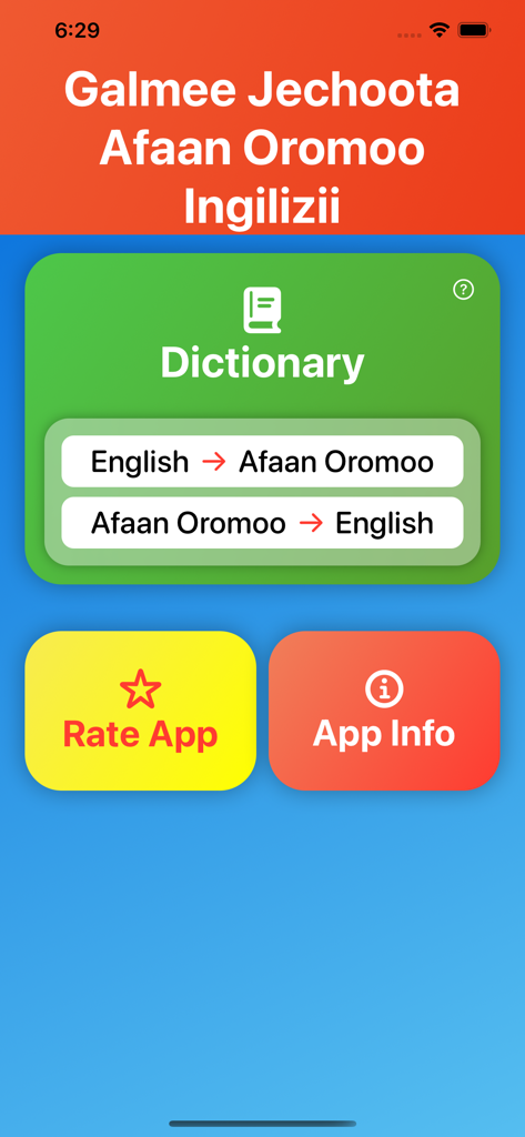 Afan Oromo English Dictionary - Home screen of the Afan Oromo English Dictionary app with translation options.