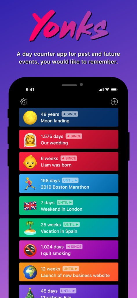 Yonks – Day Counter - Yonks app interface showing a list of colorful event counters for milestones and countdowns.