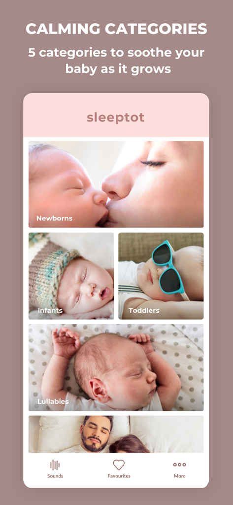 Sleeptot app interface showing baby sleep sound categories for newborns infants and toddlers