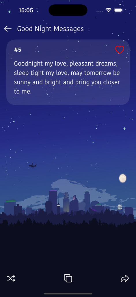 Good Night Love Messages - Mensaje romántico de buenas noches sobre un fondo de cielo nocturno estrellado de ciudad