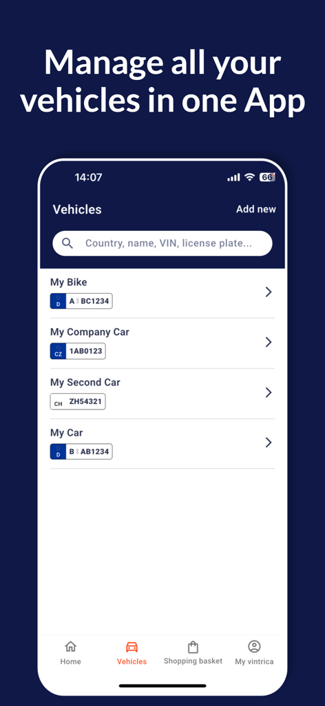 vintrica Mobility - Bildschirm der Vintrica Mobility App, der den Fahrzeugverwaltungsbereich mit einer Liste von Autos und ihren europäischen Nummernschildern anzeigt