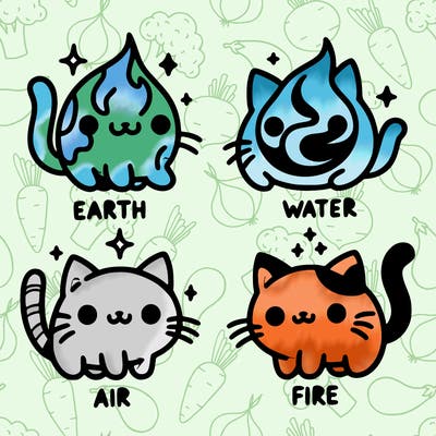 4 cats that represent the different elements, earth, water, air, and fire