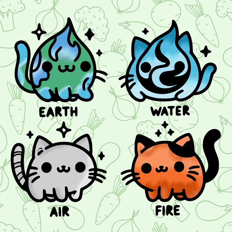 4 cats that represent the different elements, earth, water, air, and fire