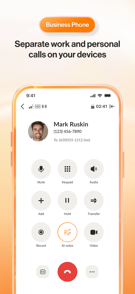 RingCentral app call screen showing business phone controls and AI notes