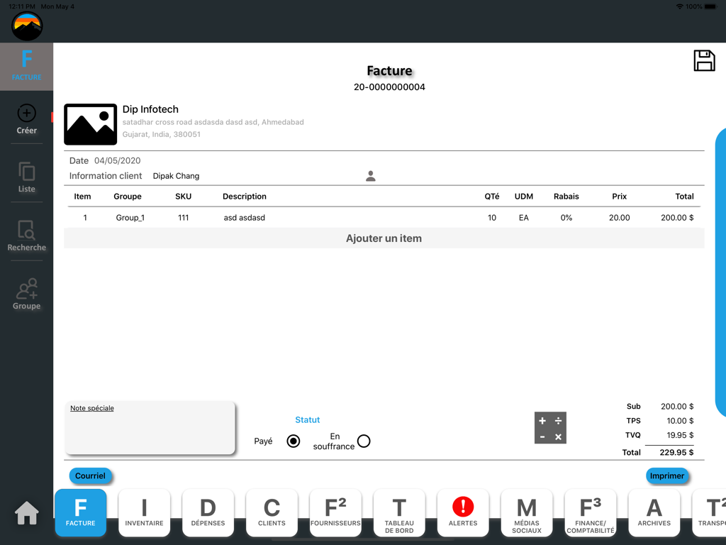 Interface for managing and creating business invoices on an iPad screen.
