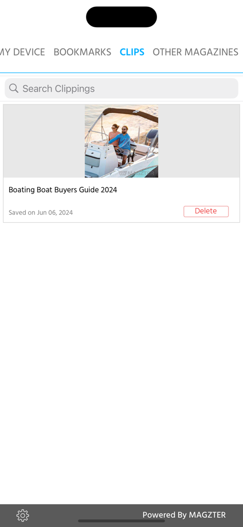 Boating (Magazine) - Pantalla que muestra recortes de artículos guardados en la aplicación de la revista Boating.