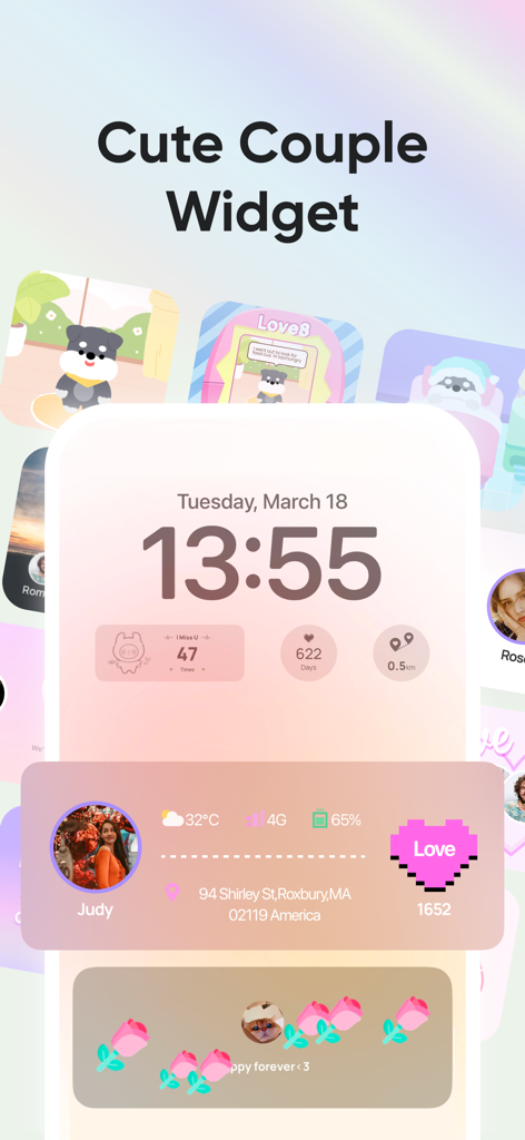 Écran d'accueil iOS présentant des widgets Love8 esthétiques pour suivre la localisation du partenaire, la batterie et les étapes importantes de la relation