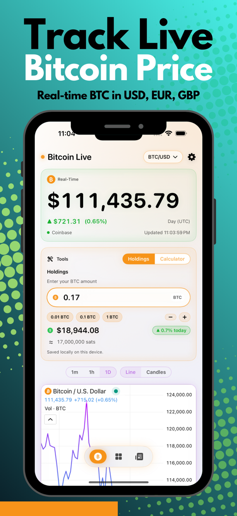 Bitcoin Live Price & Portfolio - ビットコインライブ価格＆ポートフォリオアプリ。リアルタイムのBTC価格と保有資産のダッシュボードを表示。