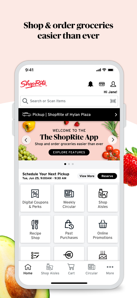ShopRite: Groceries & Savings - ShopRite app dashboard displaying grocery shopping features like digital coupons weekly circular and shop aisles