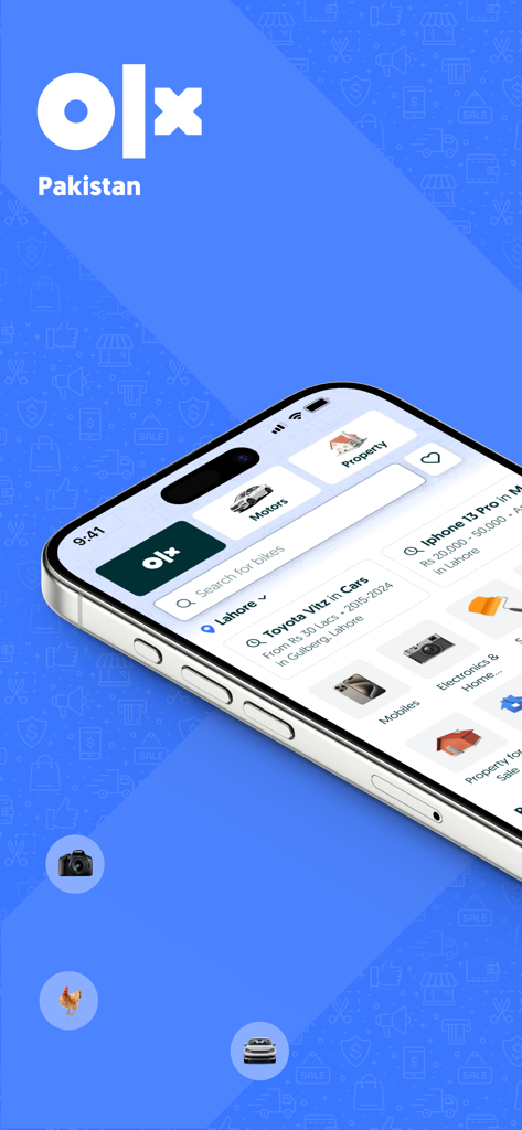 OLX Pakistan – Online Shopping - The home screen of the OLX Pakistan app on a smartphone showing classified categories and listings