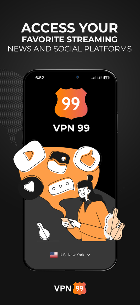 VPN99 app screen showing access to favorite streaming news and social platforms with a US New York server selected