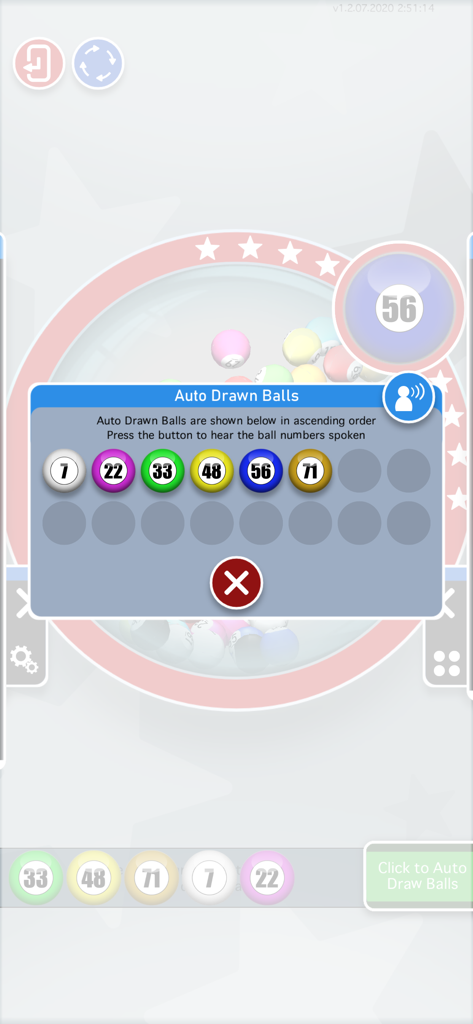 Tombola Enhanced - Recurso de sorteio automático no aplicativo Tombola Aprimorado mostrando bolas de bingo numeradas e controles de anúncio por voz