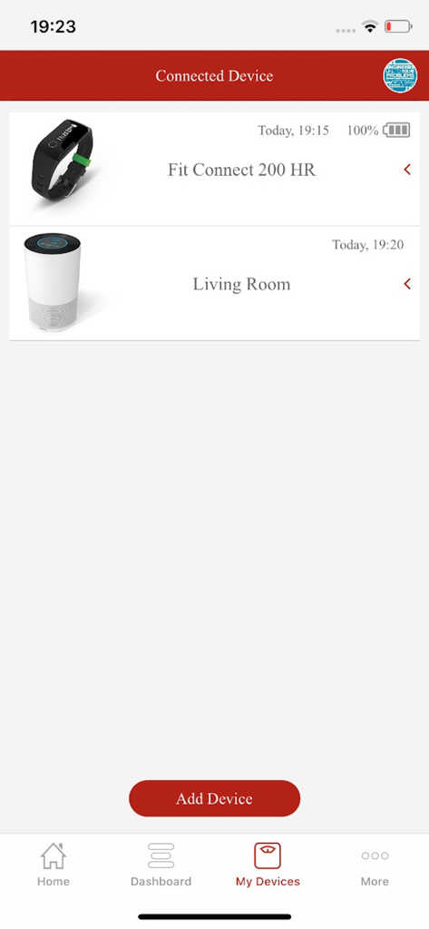 Soehnle Connect app interface showing connected health and home devices like a fitness tracker and an air purifier