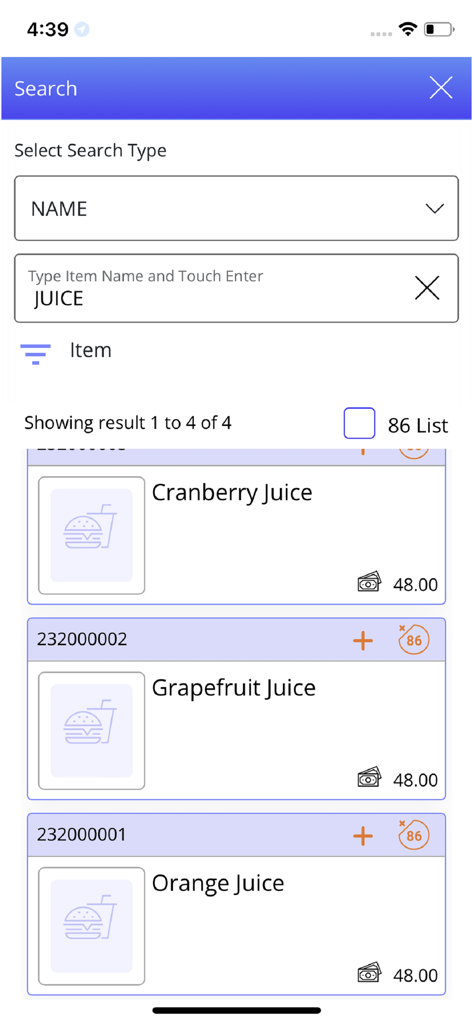 Search interface of the InfoGenesis POS Terminal app showing menu items like cranberry and orange juice with prices
