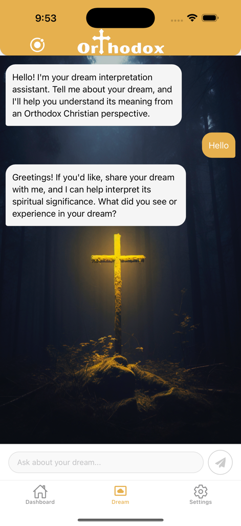 Orthodox Symbolism - AI assistant chat interface for Orthodox Christian dream interpretation featuring a glowing cross background