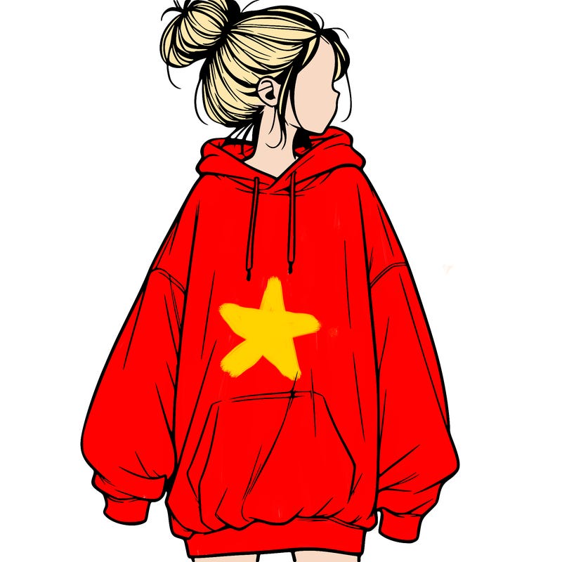 realistic girl with a oversized sweatshirt on and a bun
