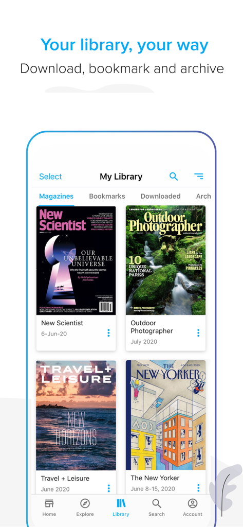 ZINIO - Magazine Newsstand - Zinioアプリのライブラリ画面。さまざまなデジタルマガジンの表紙が表示されています。