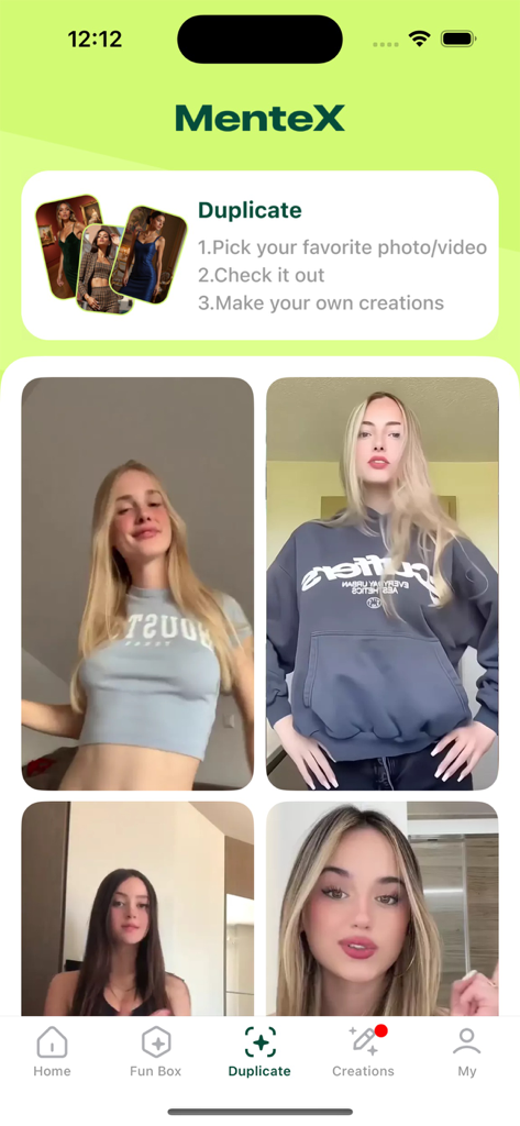 MenteX - Interface do aplicativo MenteX mostrando o recurso de duplicar com exemplos de retratos para criação de conteúdo