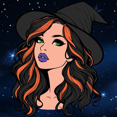realistic witch girl with wavy hair and lips