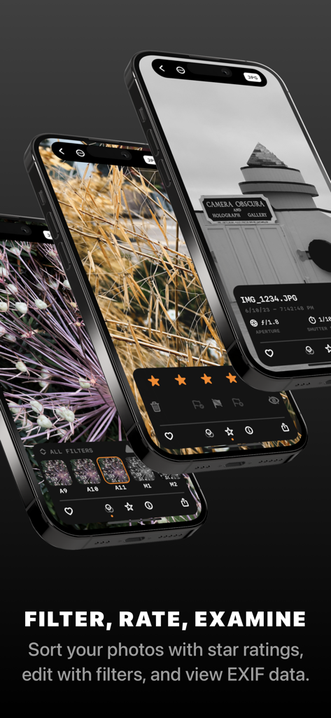 Obscura app interface for filtering, rating, and viewing photo metadata.