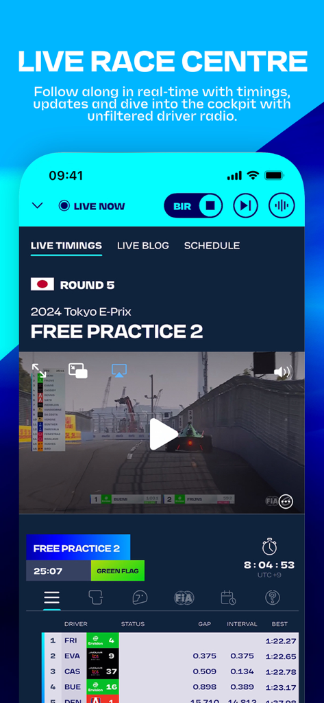 Interface of the Formula E app showing the Live Race Centre with live video and real-time driver timings