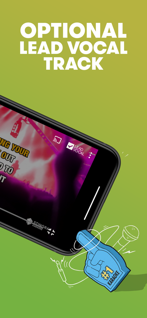 Smartphone screen displaying Singing Machine Karaoke app with optional lead vocal track toggle