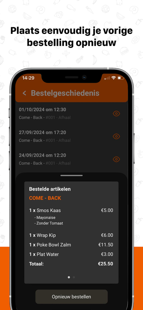 Come - Back - Captura de pantalla de la pantalla de historial de pedidos de la aplicación móvil Come - Back que muestra pedidos anteriores y un botón de repedido