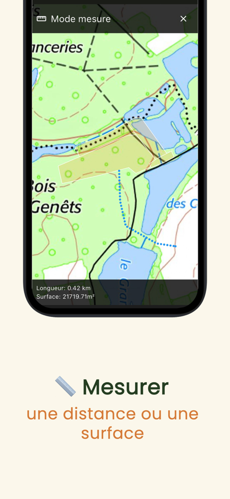 Benutzeroberfläche der MaForet Cartographie App mit Entfernungs- und Flächenmessung auf einer topografischen Karte