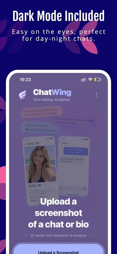 Wingman AI: ChatWing - Captura de tela do aplicativo Wingman AI ChatWing em modo escuro destacando o recurso de enviar uma conversa ou bio de namoro para análise.