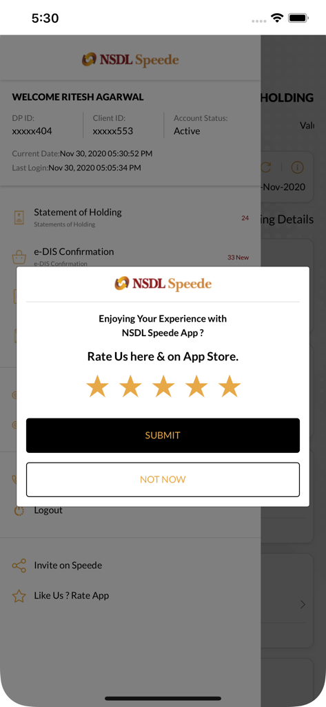 NSDL Speede App dashboard with a five star rating prompt