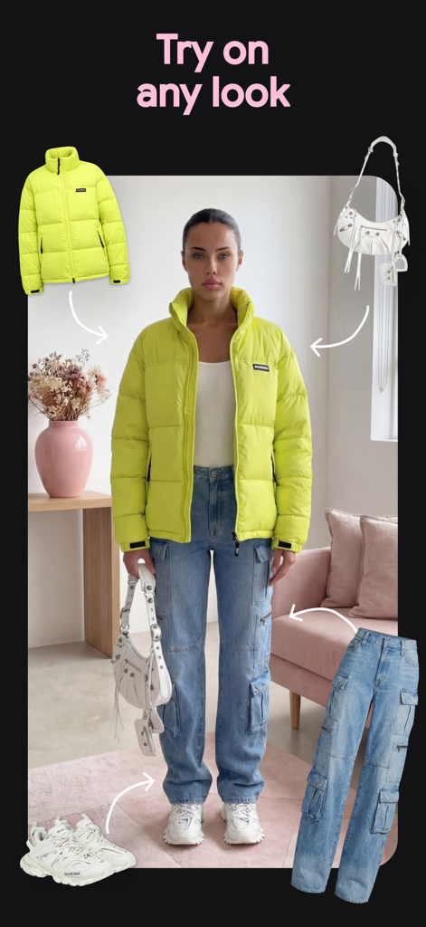 A woman using the MIU AI app to virtually try on a yellow puffer jacket, blue cargo pants, and a white designer handbag.