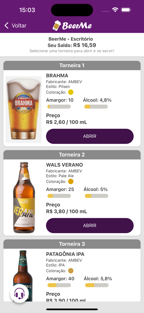 BeerMe - BeerMe mobile app interface showing available beer taps and self service options