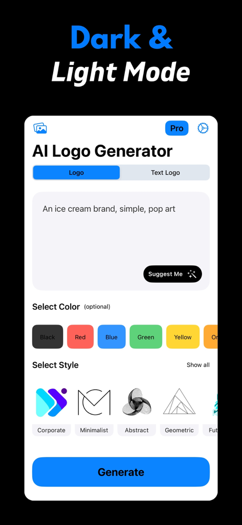 AI Logo Generator+ - AI Logo Generator app interface showing logo creation options including text prompt color selection and design styles
