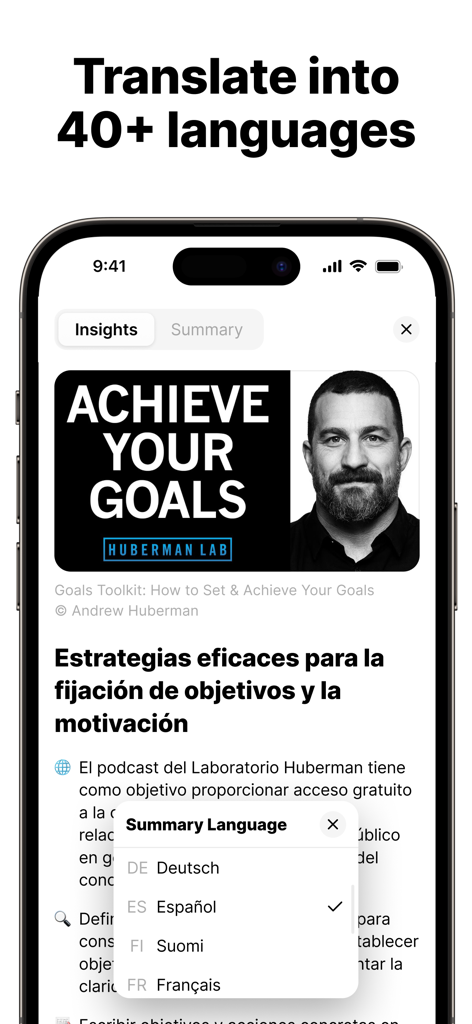 Eightify app interface showing a YouTube video summary translated into Spanish with a language selection menu.