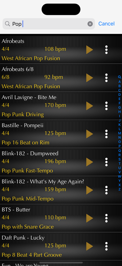 Search results for pop drum loops displaying BPM and time signatures for various bands and genres.