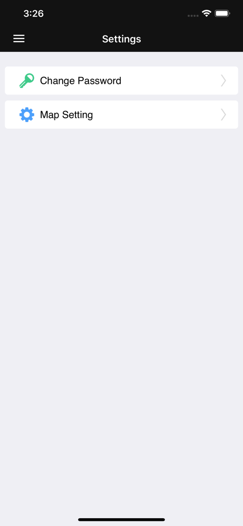 Startup VTS app settings menu with options for changing password and map settings