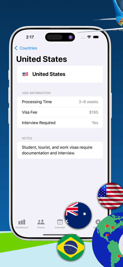 Visa Department App Tracker - United States visa information screen showing processing time and fees