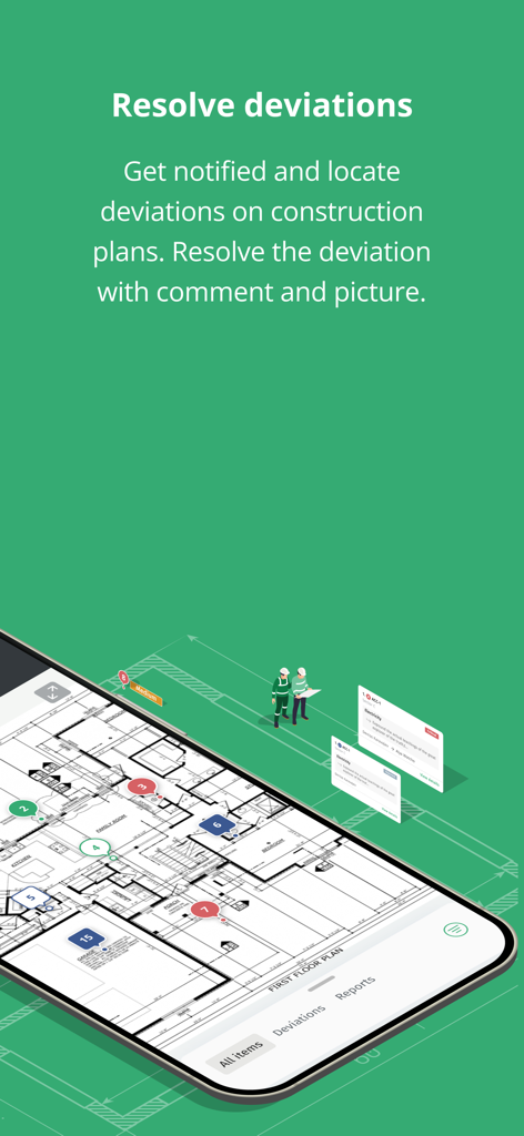 Smartphone-Bildschirm mit einem Bauplan mit Abweichungsmarkierungen in der Infobric Field App