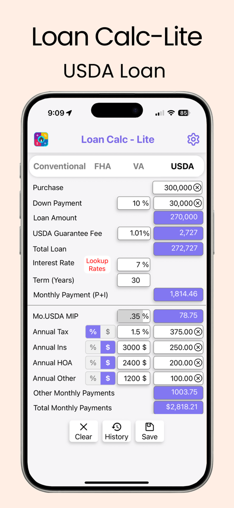 Loan Calc-Lite - Interfaz de la aplicación móvil Loan Calc-Lite que muestra un cálculo de préstamo USDA con desglose de pago mensual y seguro en un iPhone.