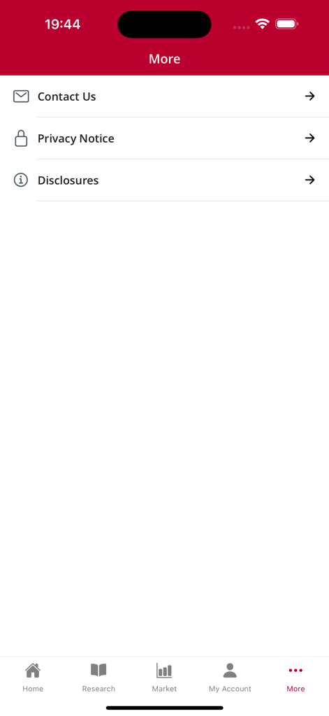 Davy - Menú 'Más' de la aplicación Davy que incluye información de contacto y avisos legales