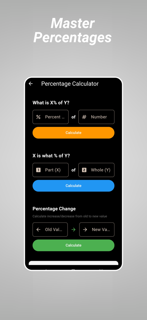 Calculator+ Pro & Math Solver - Pantalla de smartphone que muestra la función de calculadora de porcentajes con opciones para encontrar porcentajes y cambios porcentuales.